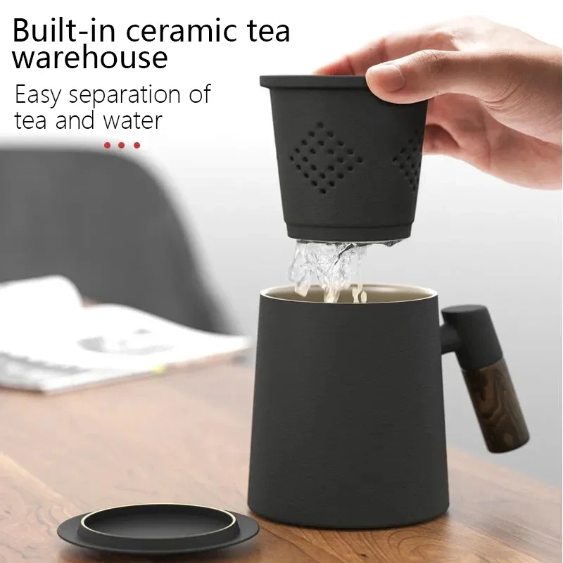 400ml Ceramic Tea Cup with Infuser Brewing Chinese Style Tea Mug with Solid Wood Handle Winter Office Coffee Water Cup