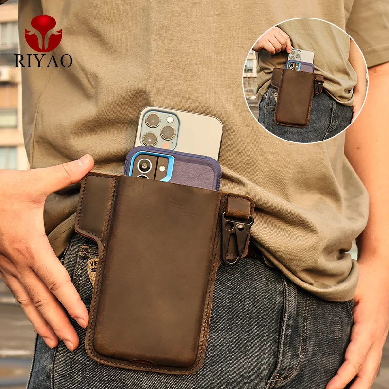 RIYAO Genuine Leather Vintage Double Layer Phone Holster Belt Clip Men Waist Bag Dual Layer Cell Phone Pouch Cases For 2 Phones