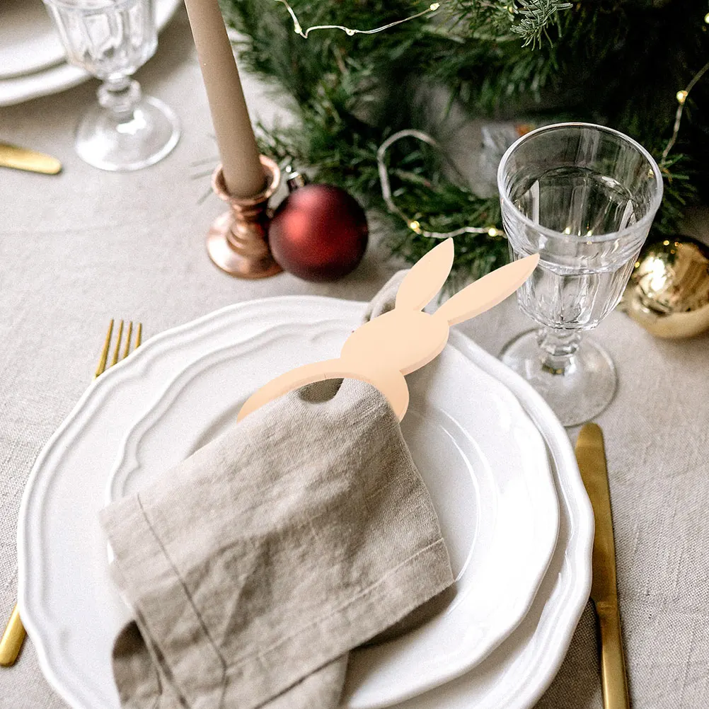 

10Pcs Rabbit Napkin Rings Easter Wooden Bunny Napkin Holders Reusable Wooden Serviette Buckles Table Decoration for Dinner