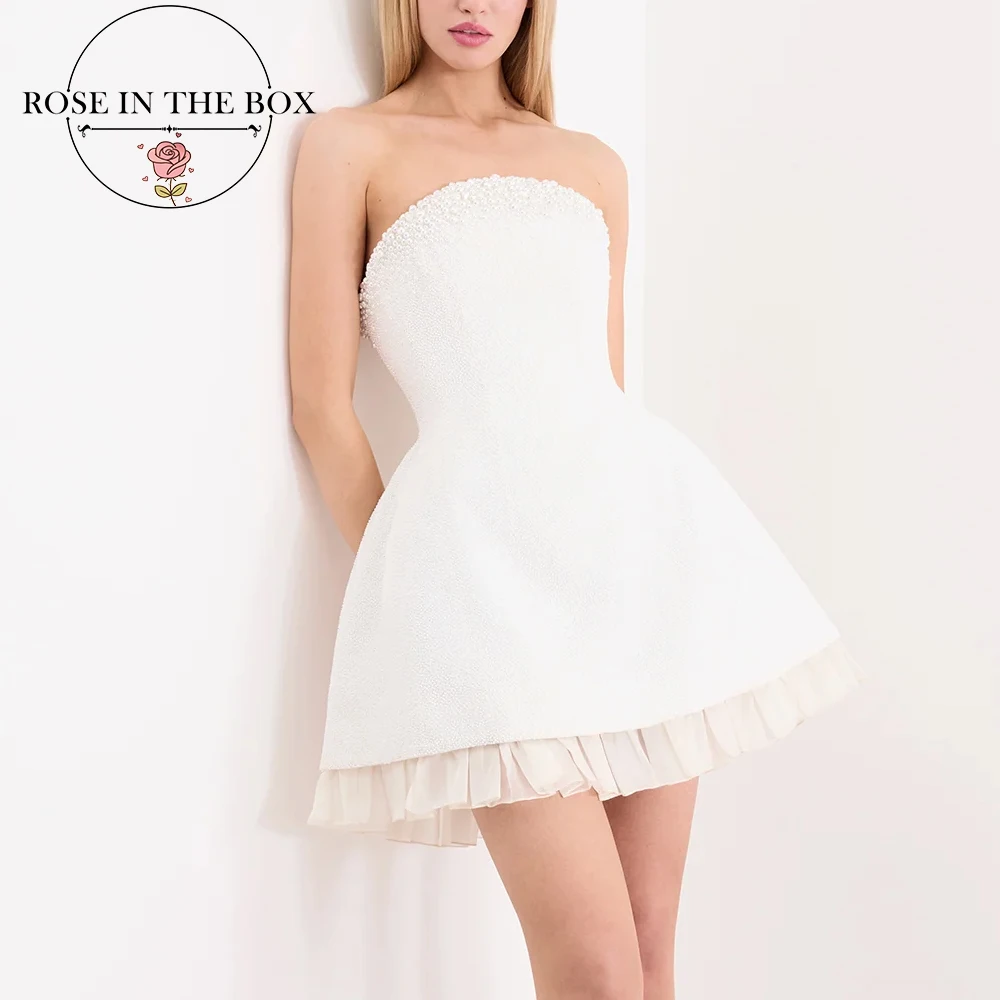 

ROSEINTHEBOX Customized White beaded Strapless Mini Dress for Wedding Cocktail Pearl-Embellished Neckline Elegant Party Dresses