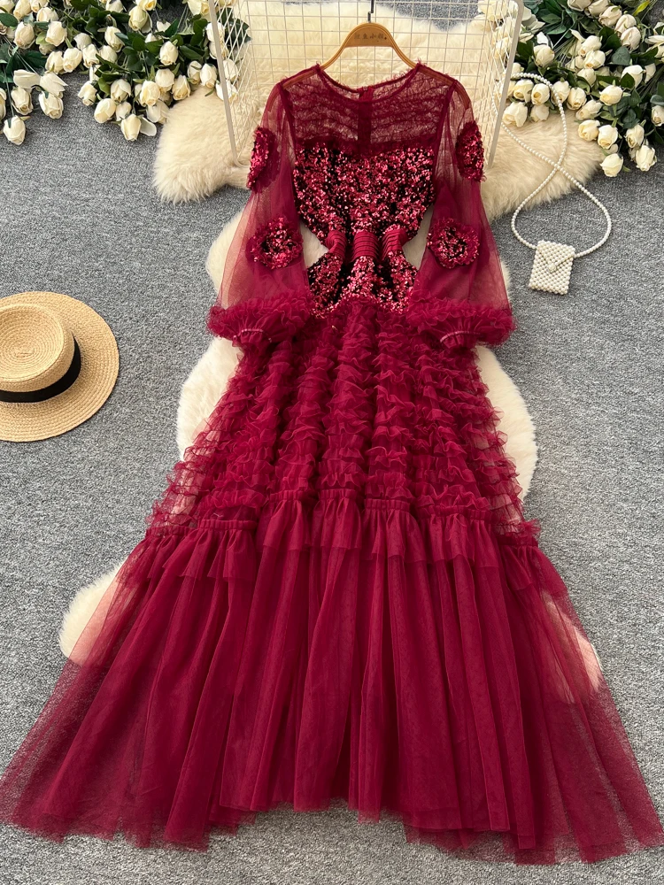 

Elegant Heavy Work Sequin Mesh See through Dress Women's Korean Style Waist Cinched a Line Skirt Elegant Formal Dress