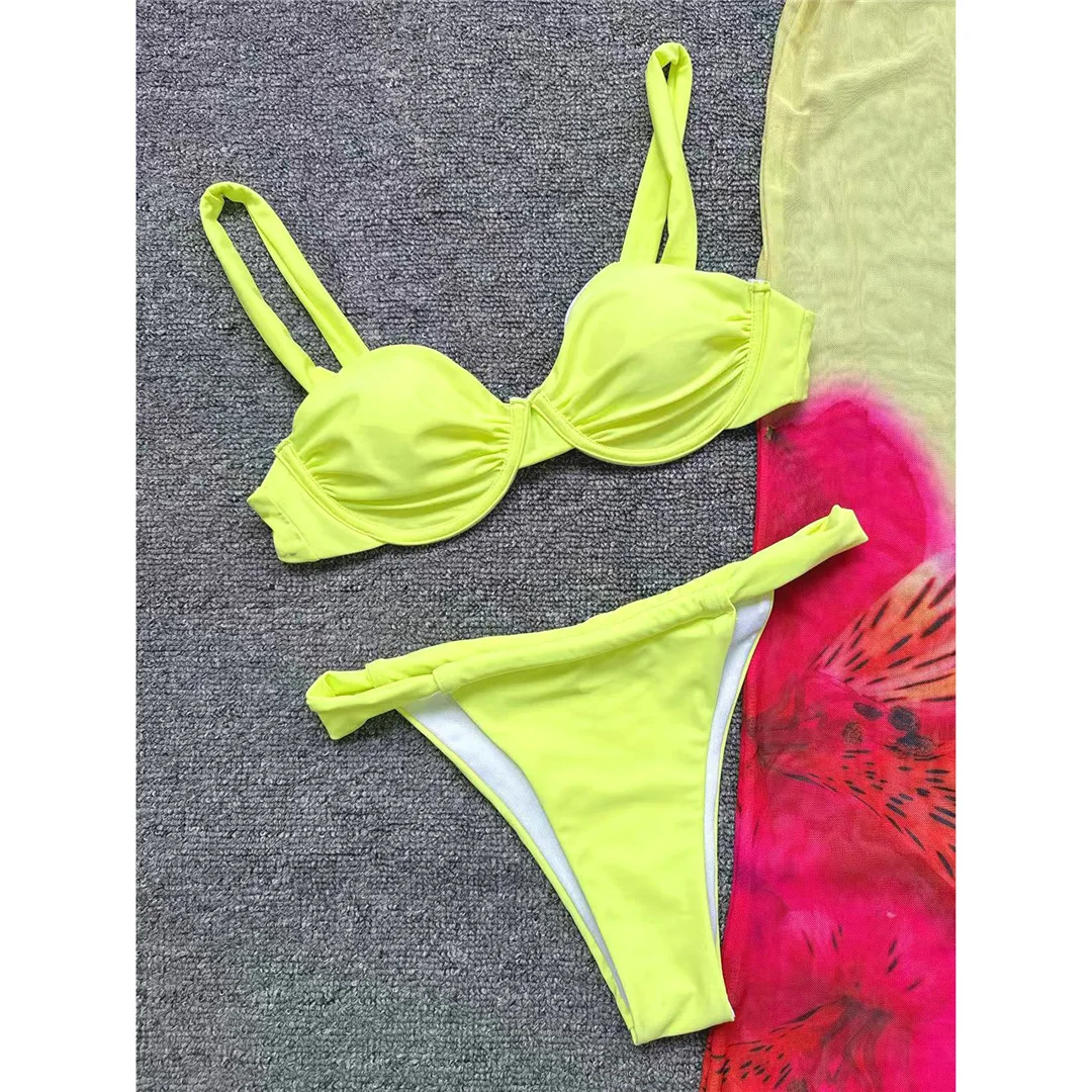 Mit Blumenmuster, Bügel-Bikini, Damen-Badeanzug, zweiteiliges Bikini-Set, geraffter Badeanzug, Badebekleidung, Modell V7877. – Detail 4