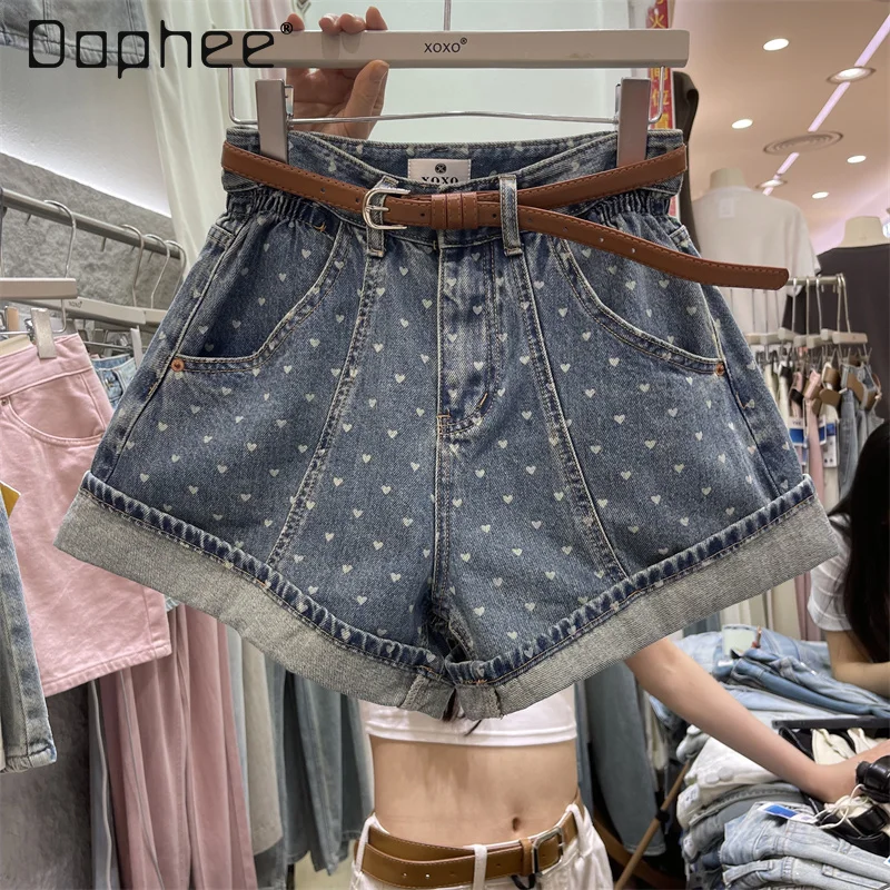 

Korean Loose Rolled Denim Shorts Women Heart Print Commuter Casual High Waist Wide Leg Jeans Shorts Versatile 2024 Summer New