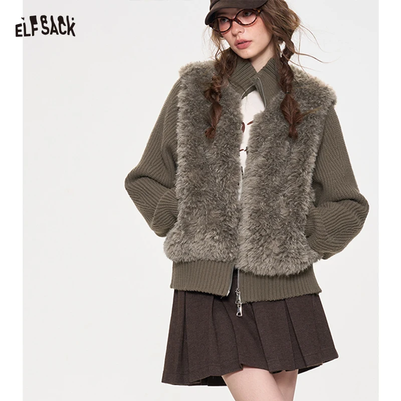ELFSACK Women's Fuzzy Patchwork Knit Short Coat with Stand Collar, Cozy Long Sleeve Outerwear for Winter Casual Wear