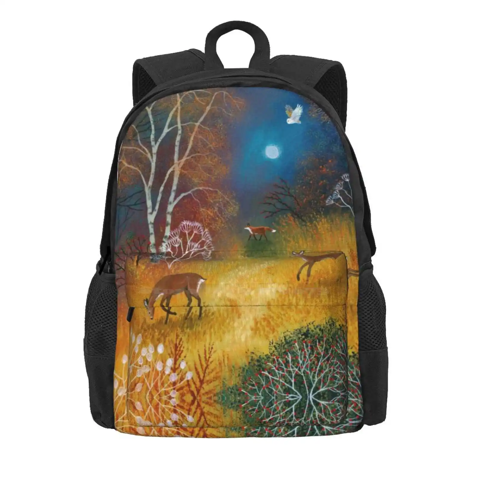 Moon Rise Hot Sale Schoolbag Backpack Fashion Bags Moon Deer Night Scene Fox Owl Landscape Autumn