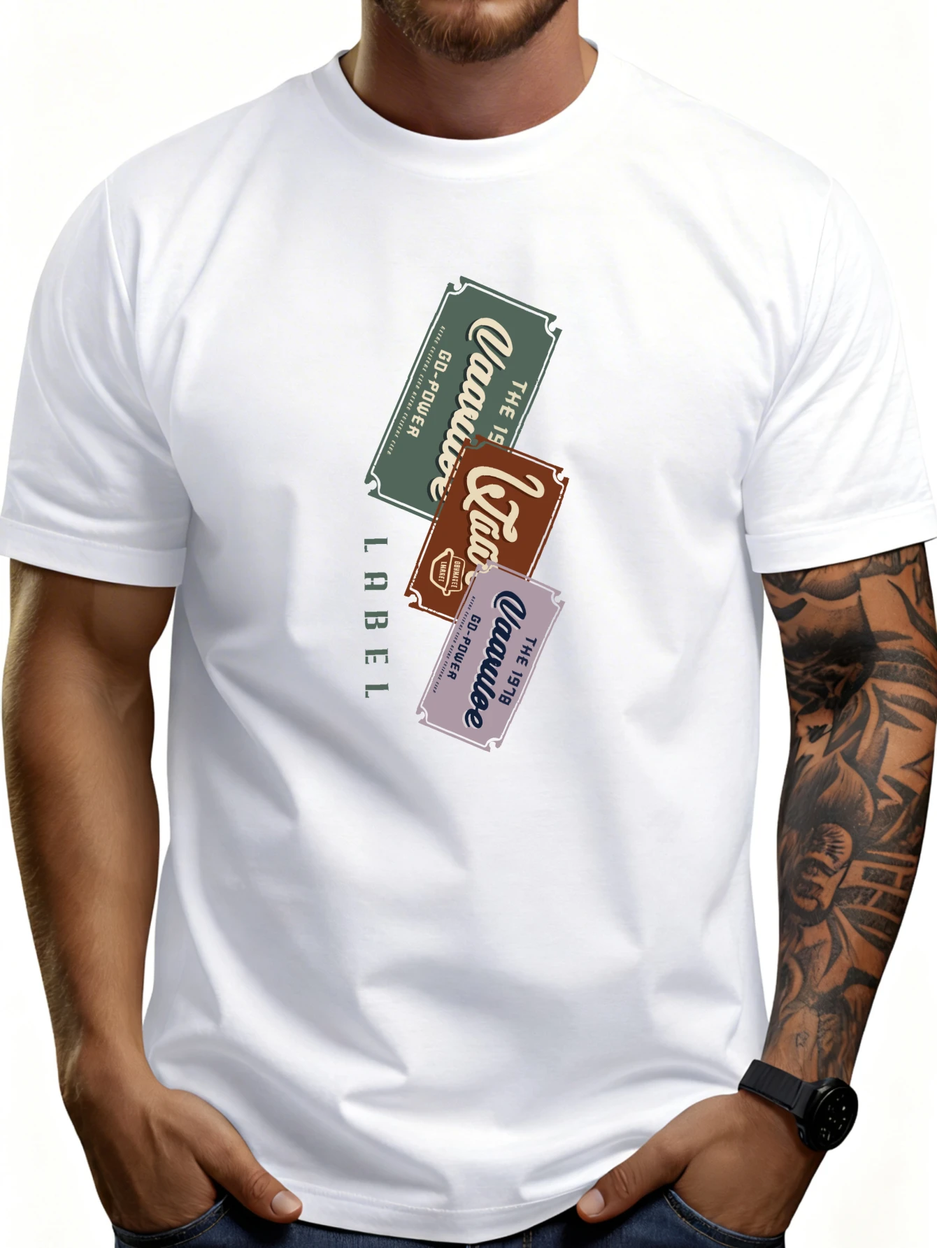 Casual Style Men's T-Shirt with a Vintage Label Design, Suitable for Everyday Wear and Summer Outfits, the Perfect Gift for Fashion Enthusiasts.