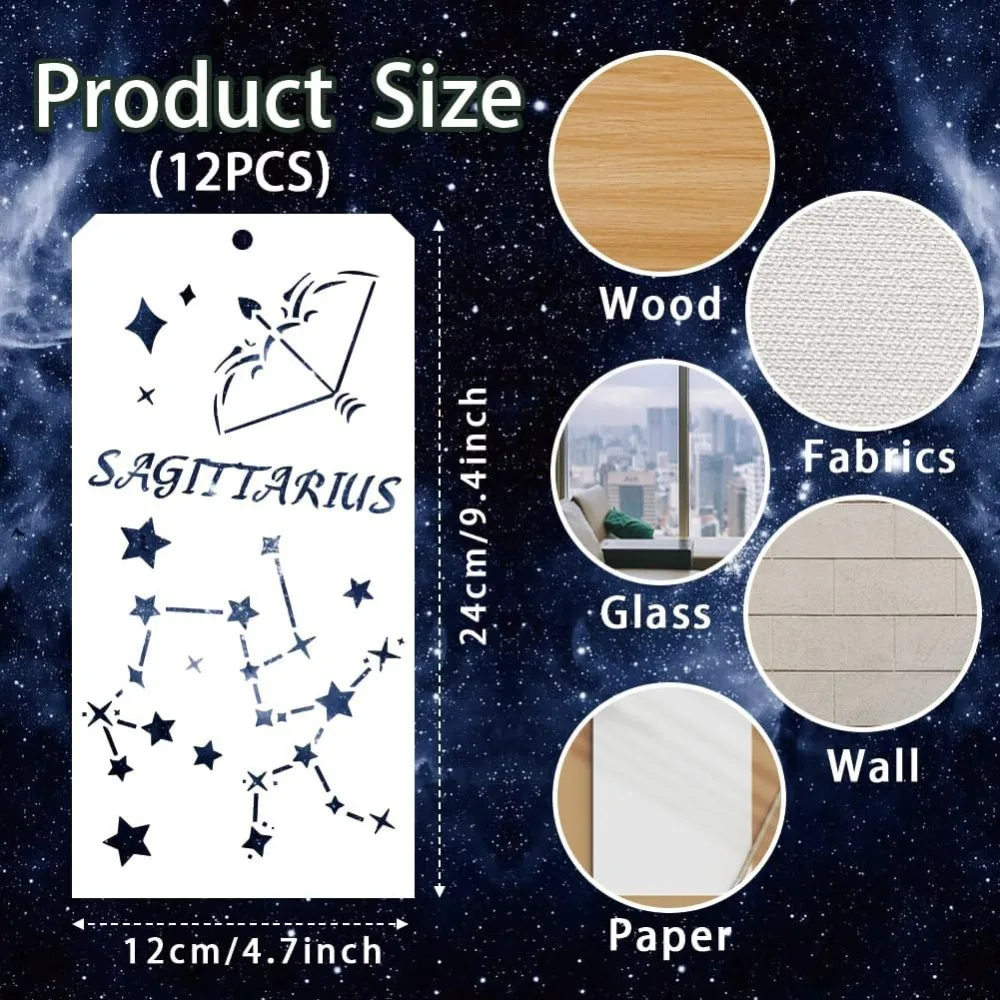 12 Pcs Stars Decorative Stencils 12 Styles Star and Moon Stencil Reusable Star Zodiac Constellation Painting Stencils