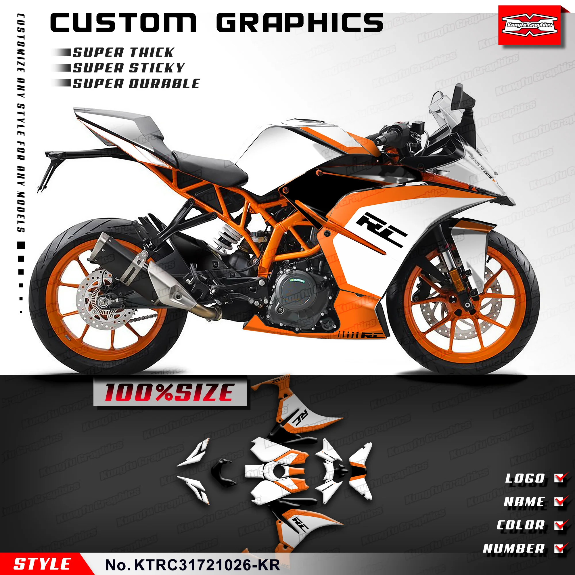 

Наклейка на мотоцикл KUNGFU GRAPHICS для KTM RC 125 200 250 390 2017 2018 2019 2020 2021 2022 2023 2024, KTRC31721026-KR