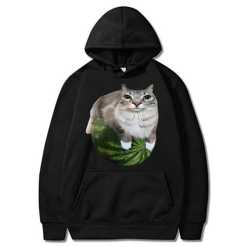 Funny Silly Watermelon Cat Meme Hoodie Men Women Humor Stylish Hilarious Long Sleeve Oversized Fleece Casual Pullover Streetwear