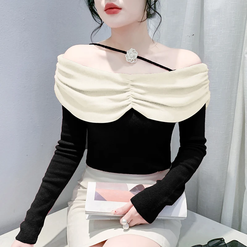 2025,European Clothes Fall Winter Knitted T-Shirt Chic Sexy Off Shoulder 3D Patchwork Women Pullover Long Sleeve Tops Tees 41001