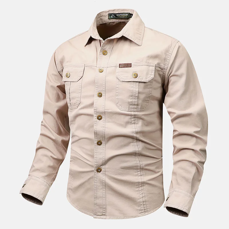 Retro Cargo Style Herren Langarmhemd mit Taschen design, Herren Scas ual Button Up Shirt für Frühling Herbst Qutdoo