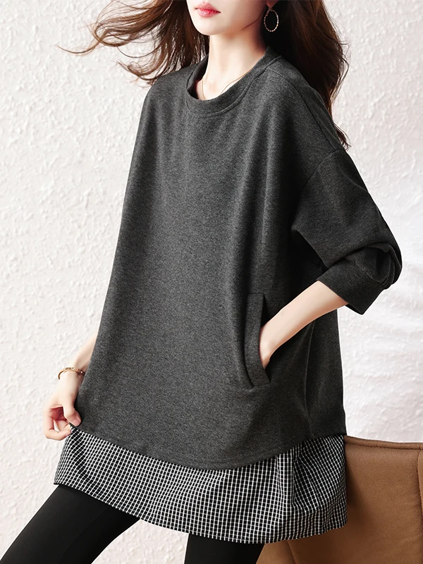 Thickened Plaid Patchwork Sweatshirt Fake Two-Piece Mid-Length Women's Autumn Winter High Grammage Clothing Skin-friendly