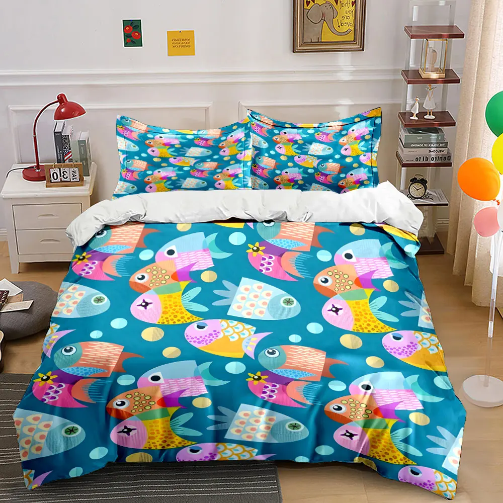 Colorful Fish Pattern Decor Set Bedding Set with 1 Duvet Cover 2 Pillowcases Single Double King Queen, Gift