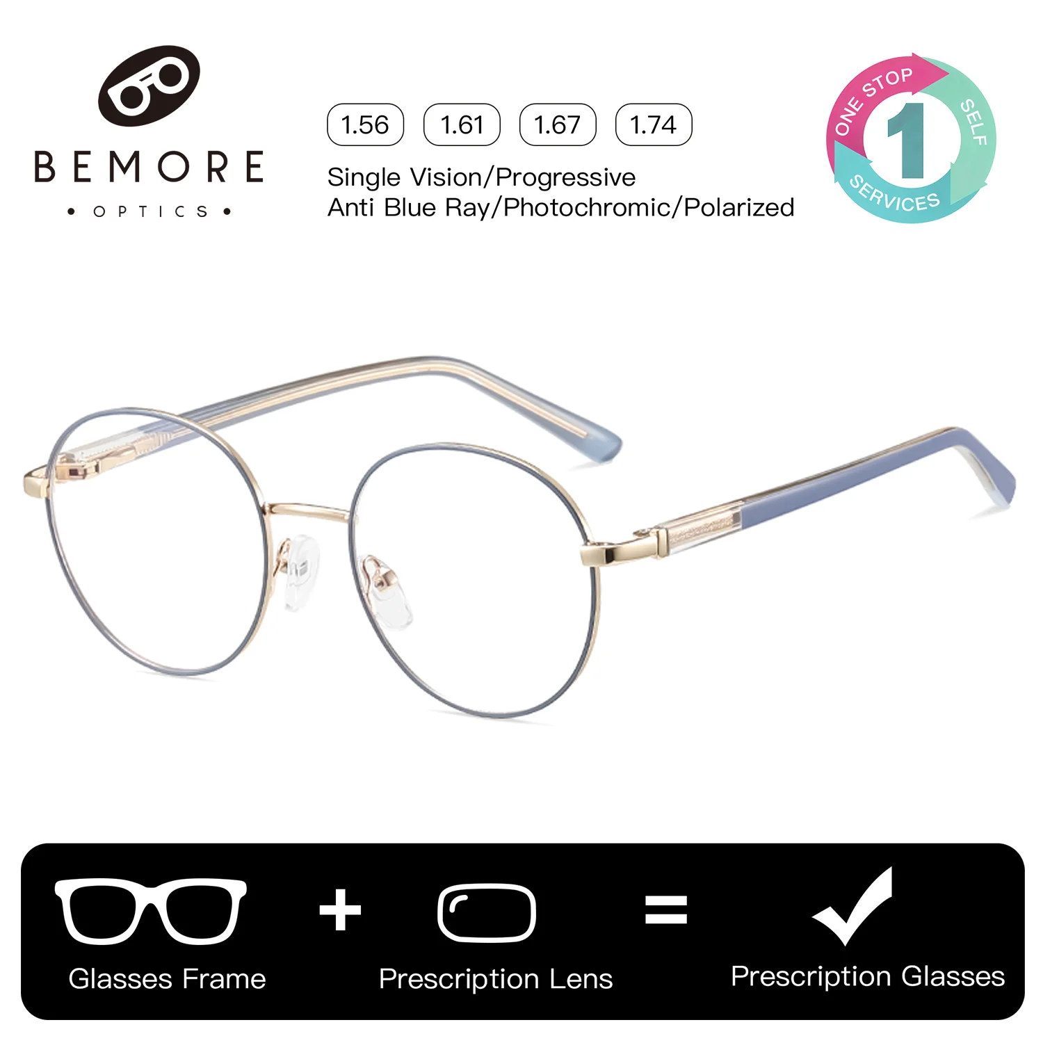 BEMORE Metal Round Prescription Eyewear Child Photochromic Anti-Blue Light Optical Lenses with Recipe Glasses with Myopia Degree