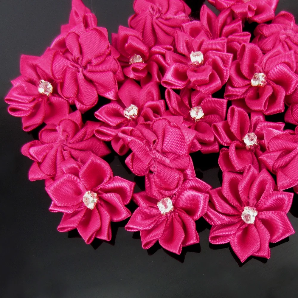 40Pcs Dark Blue Handmade Small Fabric Satin Flowers with Rhinestone Appliques Sewing Wedding Garment Accessories Flowers 2.8cm