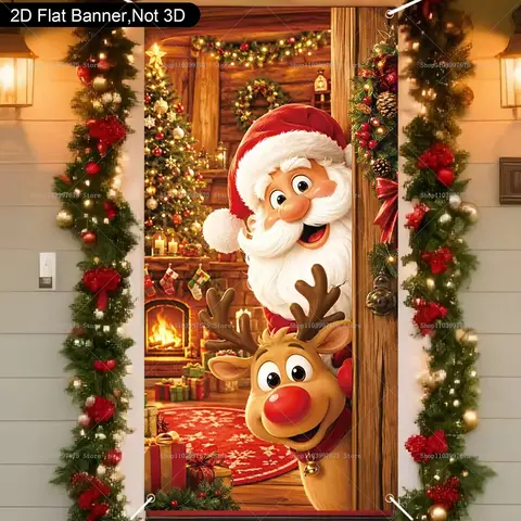 Christmas Door Cover Santa Elk Xmas Tree Snowman Design Photography Banner Merry Christmas Winter Holiday Decorations Door Cover