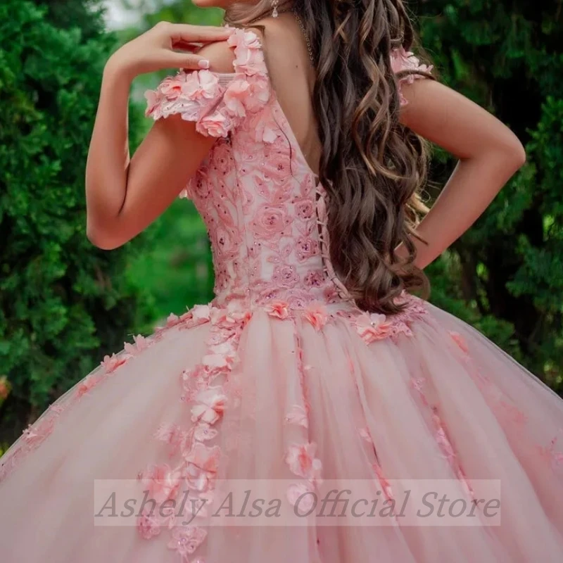 AQ149 dostosowane dziewczyny Quinceanera sukienka okazjonalna Off ramię 3D kwiatowy gorset Vestido De VX Anos suknia wieczorowa na bal formalna