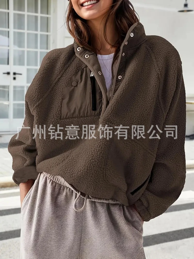Fall Winter Loose Fashion Versatile Warm Top Women's Multi Pocket Fuzzy Pullover Color Block Half Open Collar Zipper Sweatshirt