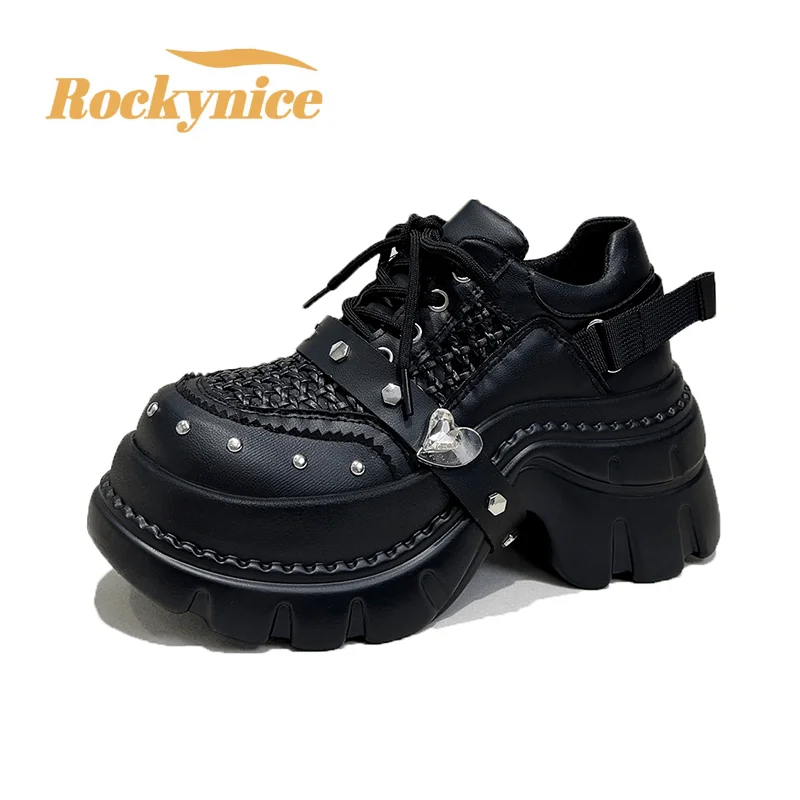 New Summer Breathable Chunky Sneakers Women Belt Decor Punk Shoes High Platform Vulcanized Shoes Woman Rivets Goth Shoes Mujer