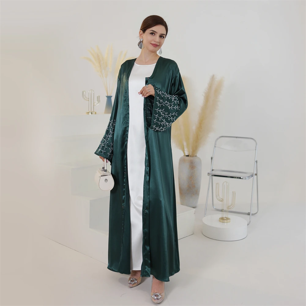 Mulheres miçangas abayas dubai turquia kaftan muçulmano quimono cardigan islâmico com cinto jalabiya ramadan eid aberto abaya vestido caftan robe