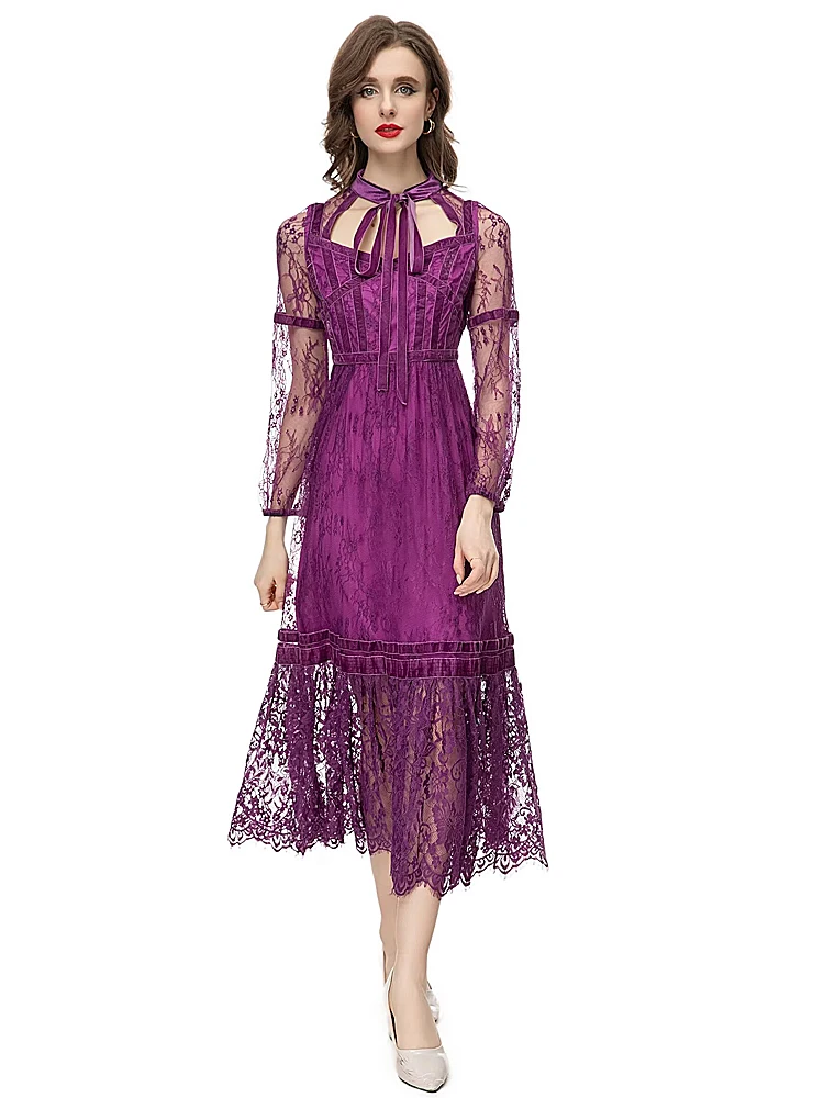 Catwalk Ladies Spring Autumn High Quality Fashion Party Purple Elegant Lace Mesh Lace Up Hollow Out Nightclub Sexy Midi Dress