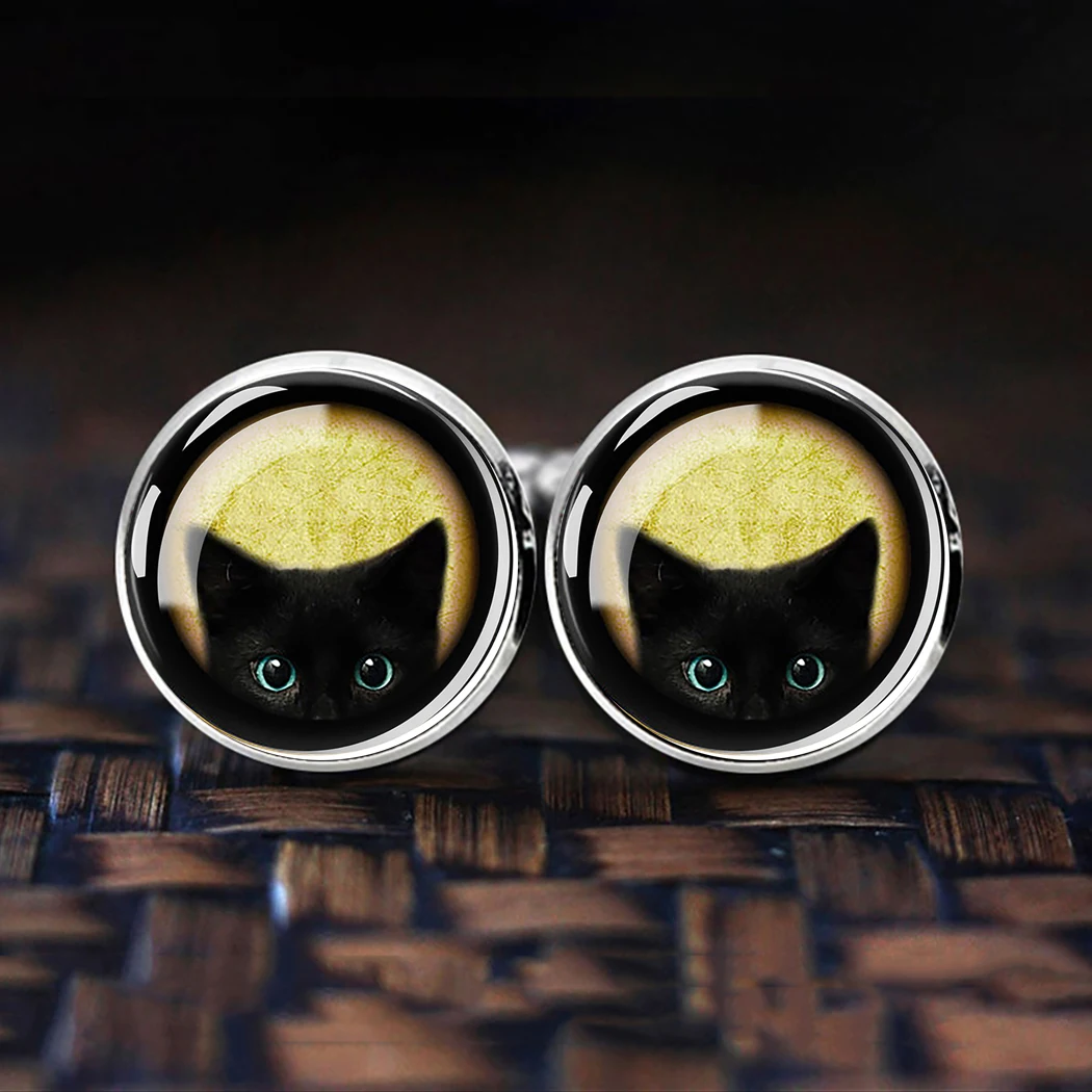 Black Peeking Kitten Blue Eyed Cat Cufflinks Men Fashion Cuff Links Wedding Cufflinks Cat Lover Jewelry