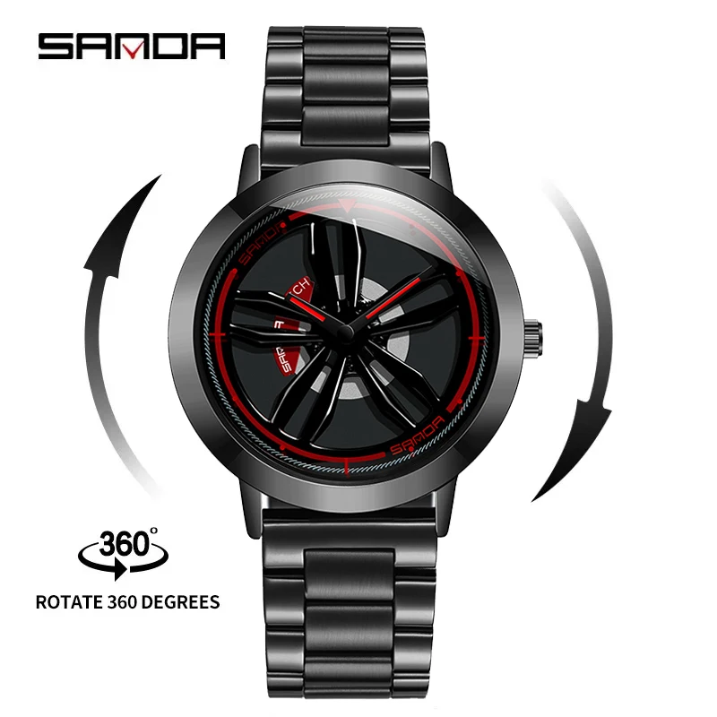 

SANDA P1009 Rotation Rim Hub Sports Car Men Watches Waterproof Stainless Steel Wheel Quartz Wristwatch Male Relogio Masculino