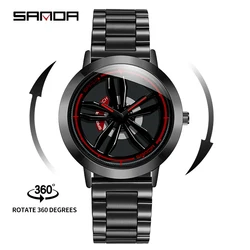 SANDA P1009 Rotation Rim Hub Sports Car Men Watches Waterproof Stainless Steel Wheel Quartz Wristwatch Male Relogio Masculino