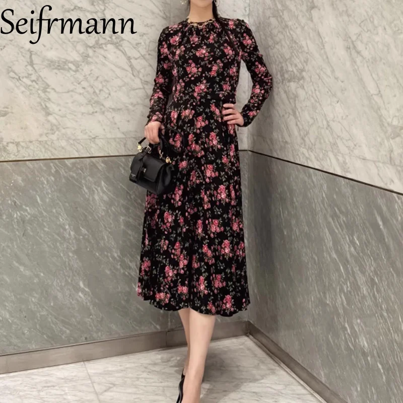 

Seifrmann 2026 Весеннее женское модное платье с круглым вырезом, длинными рукавами, шелковым принтом и поясом на талии ﻿