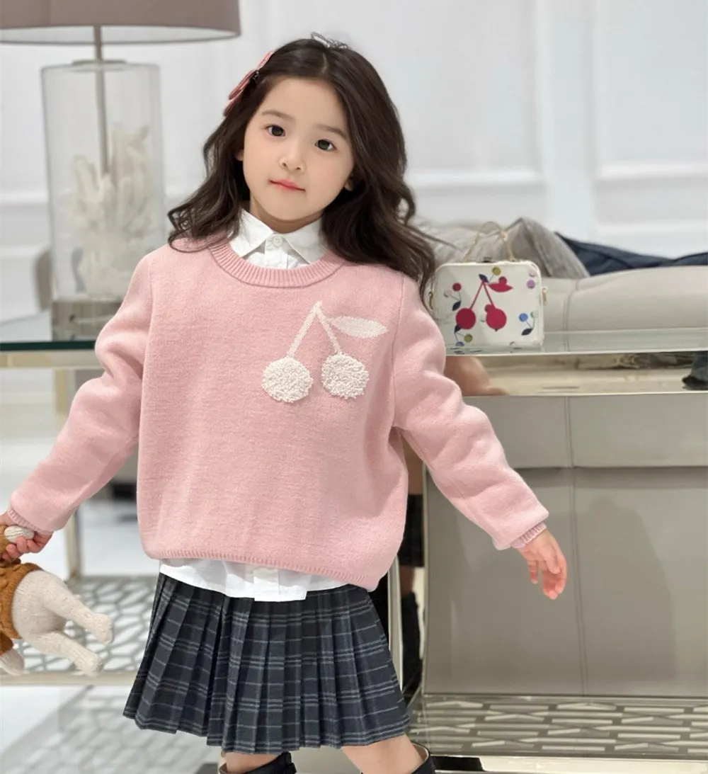 

winter baby sweaters kids clothes wool and cotton soft cherry pattern Sweet pink sweater Girls' pullover sweater