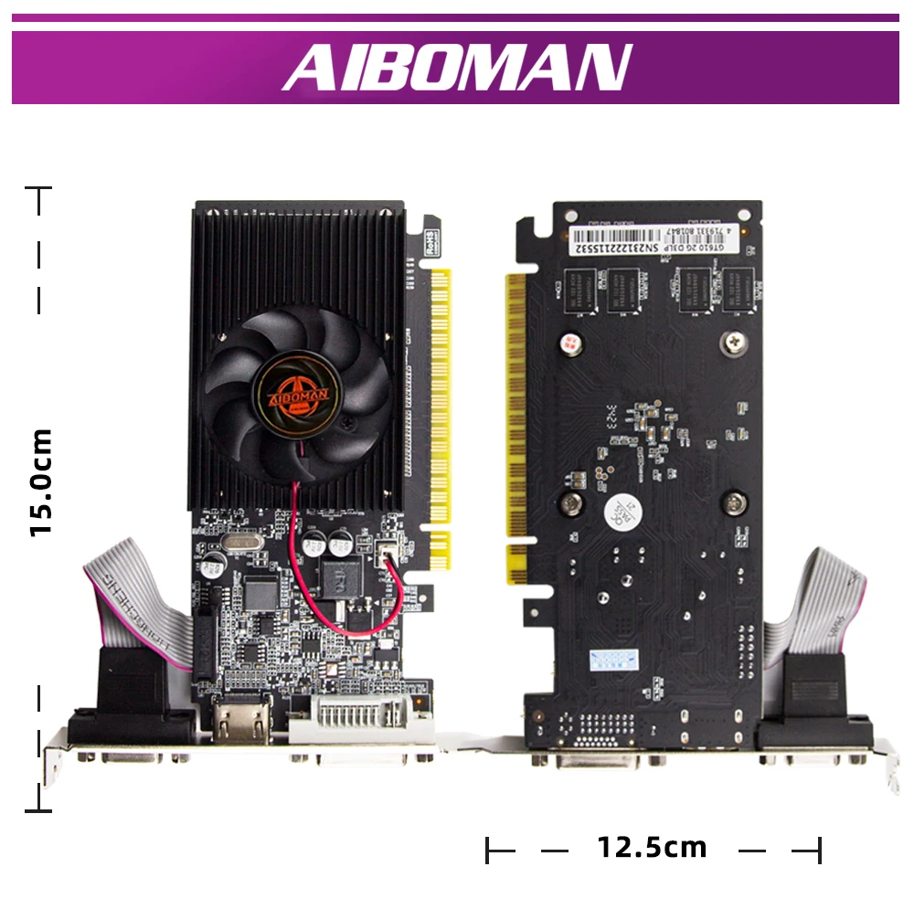AIBOMAN GT610 1G/2G DDR3 بطاقة الفيديو NVIDIA GeForce GT 610 بطاقة الرسومات PCIE X16 2.0 HD DVI VGA 1800MHz 64Bit GPU الكمبيوتر