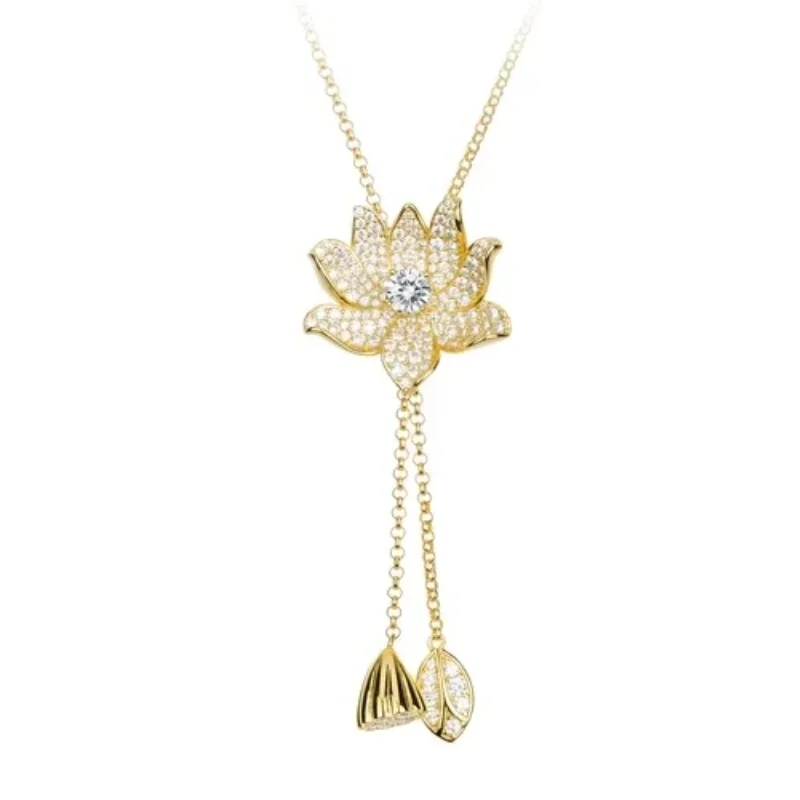 

Bellux Pendant Chain 925 Silver 18K Gold Plated Synthetic Zircon Lotus Flower Gold Full Diamond Necklace