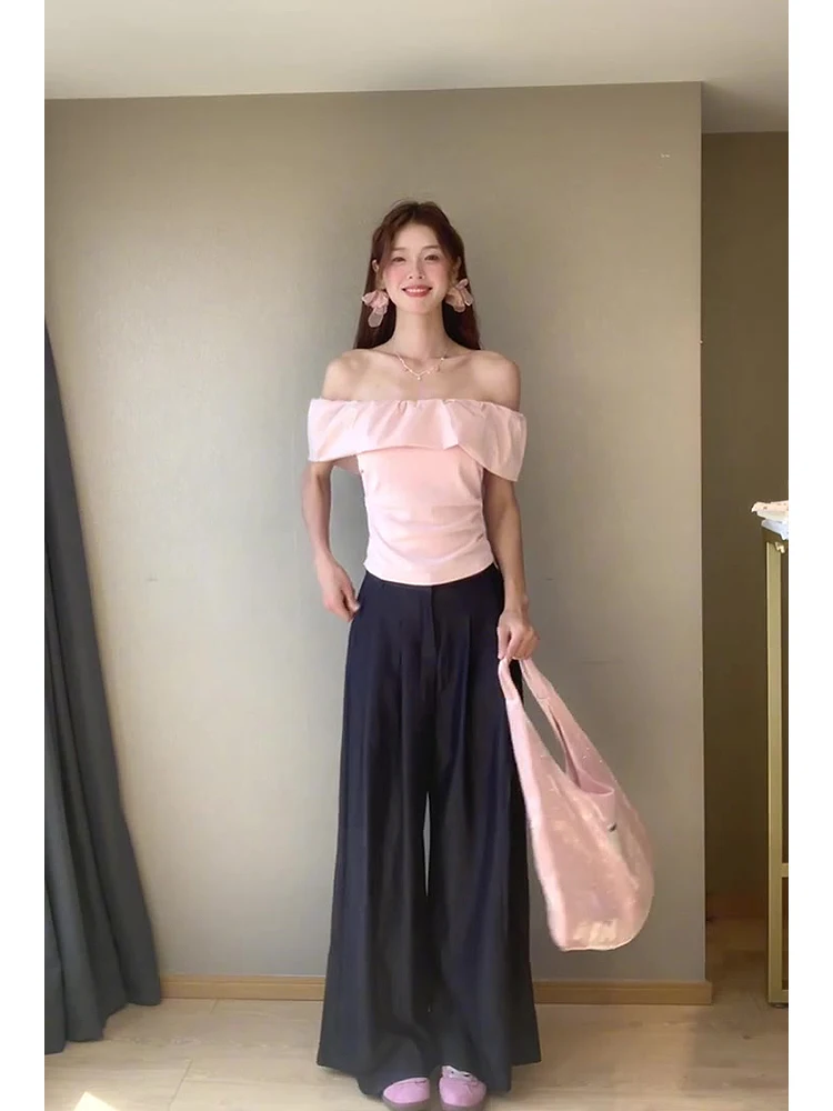 

Korean Style Women's Summer Outfit Set with Lace Trim One Shoulder Top And Straight Leg Casual Pants Anti-Aging Ensemble