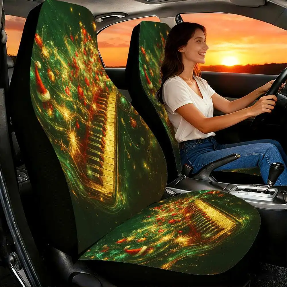 2pcs Festive Christmas Piano Car Seat Covers | High Back Design, Polyester Material, Universal Fit For Cars, SUVs, And Trucks, W