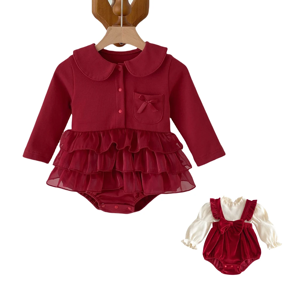 

2025 Christmas Red Baby Romper Peter Pan Collar Layered Tulle Ruffle Chx Baby Jumpsuit Cotton Vintage Princess Bodysuit 0-24M