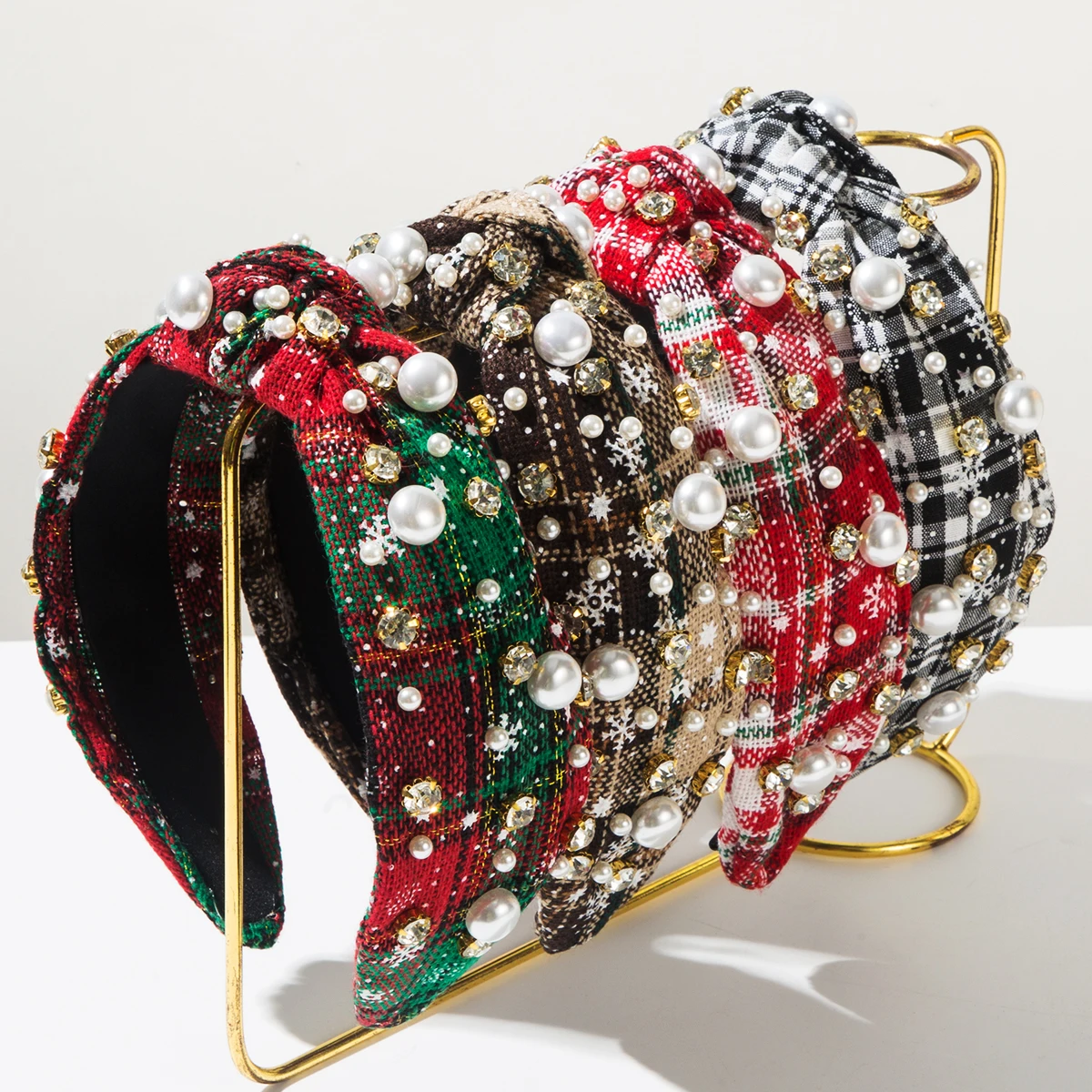 Christmas Day Series Creative Snowflake Design Color Block Plaid Fabric Diamond Studded Pearls Knotted Wide Edge Accessory