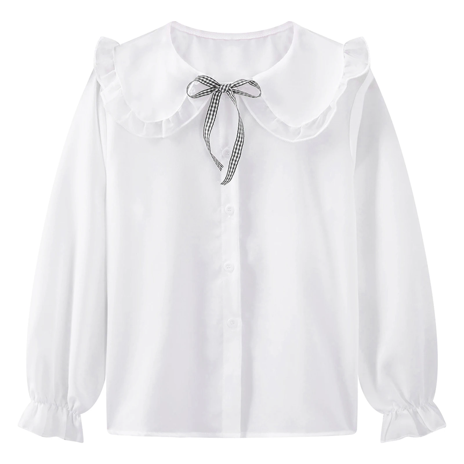 2024 Children's Blouse Kids Girls Top Shirt Cute Ruffled Doll Collar Shirts Casual Solid Long Sleeve Button Down Bow Blouse