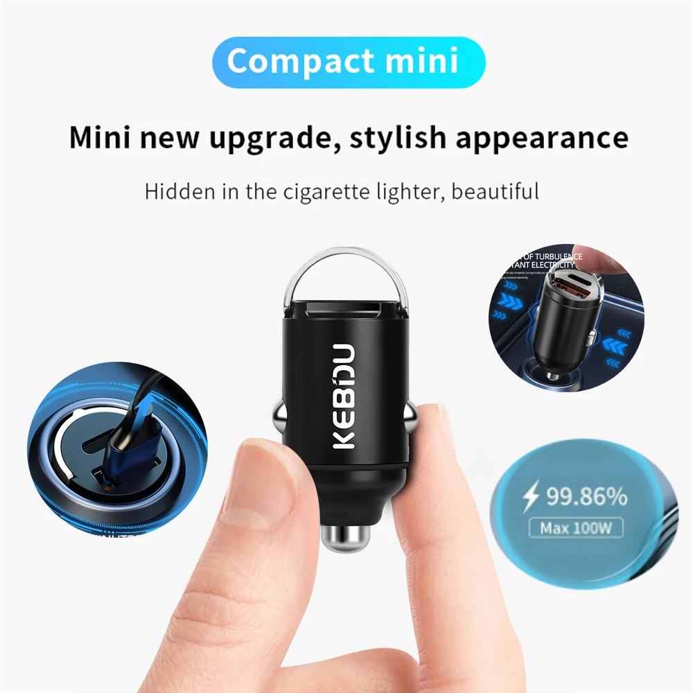 Car 200W Dual Port Mini USB Charger Ultra Fast Charging Cigarette Lighter Socket 12-24V Aluminum Cell Phone Charging Adapter