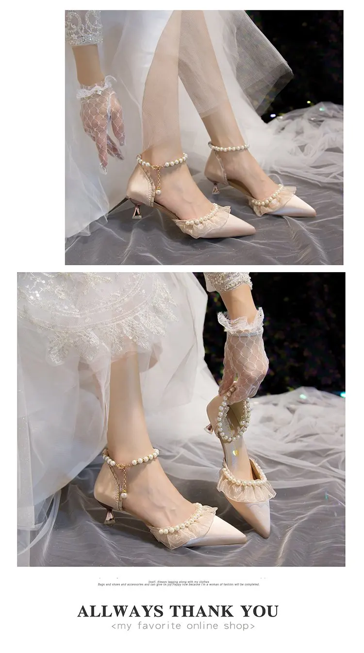 Weiße Hochzeitsschuhe für Damen 2026 Sommer Luxus Seide Perlen Knöchelriemen High Heels Pumps Spitze Damenschuhe mit Absatz – Detail 9