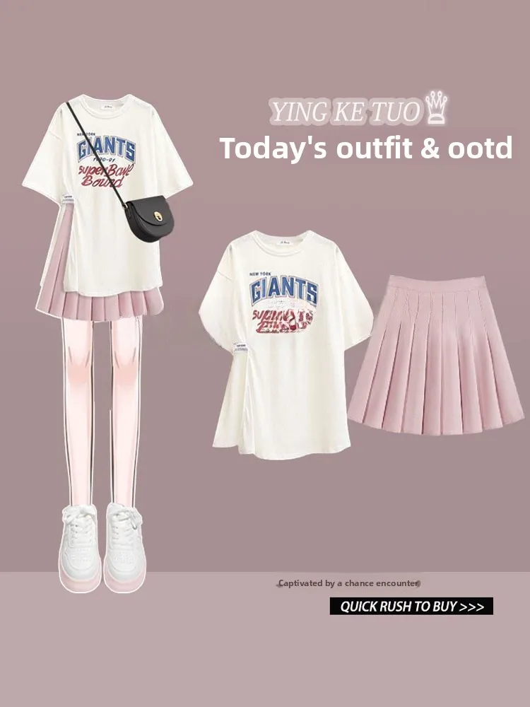 

Комплект ature Футболка с разрезом Женская летняя новая юбка трапециевидной формы Плиссированная юбка College Sle Высококачественная женская юбка Sweet And Spicy ort