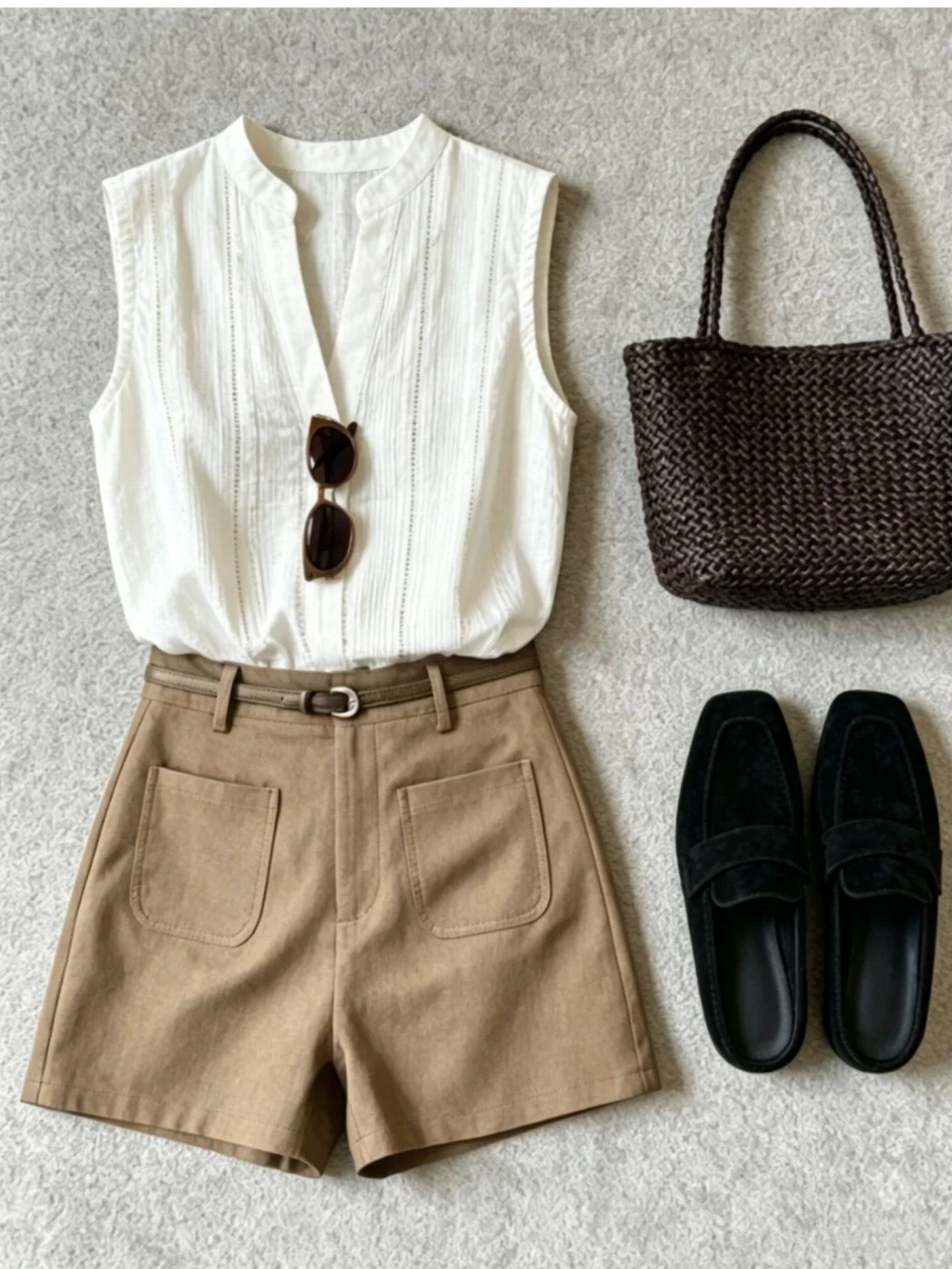 

Elegant White Vest And Khaki Shorts Women's Fashionable High-Quality Set Summer 2026 Cotton Casual Wear High-Waisted Slim Fit