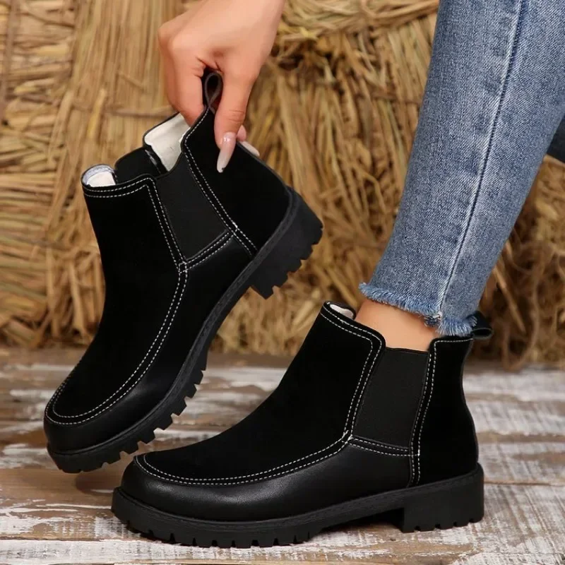 Botas de nieve cortas de felpa para mujer, zapatos informales cálidos, Botines Chelsea de piel de ante, zapatos planos, invierno, 2024