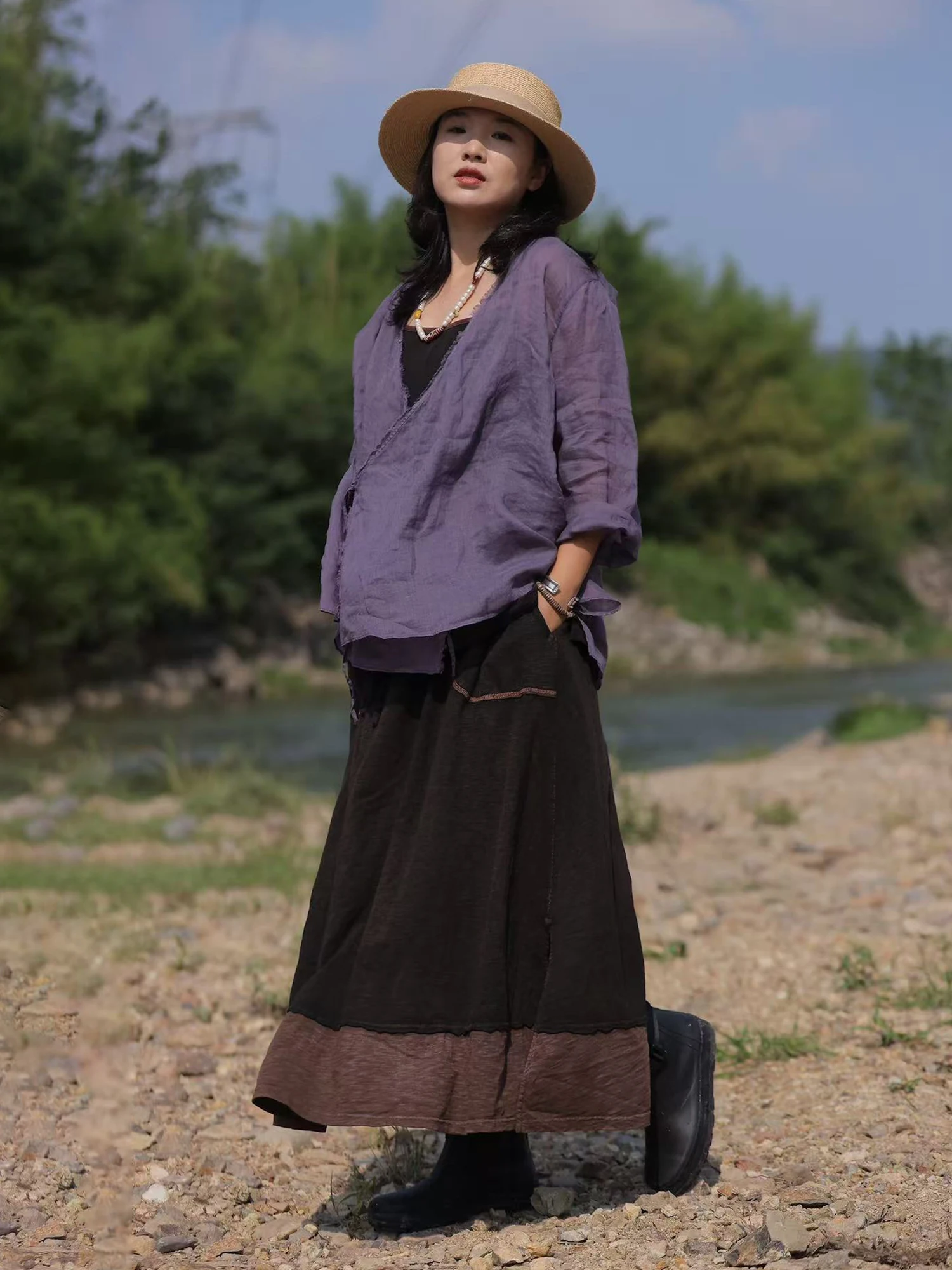 

Pure Cotton Vintage Worn Color f Skirt A-Line Midi Skirt Koran Wood Brand mid Waist Loose Fit Summer Season Thin Model