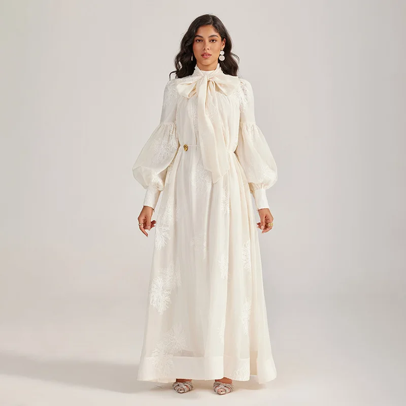 Francês sle bordado longo dr lanterna sve cintura alta thiened outono rua sle feminino faion alta quali costura