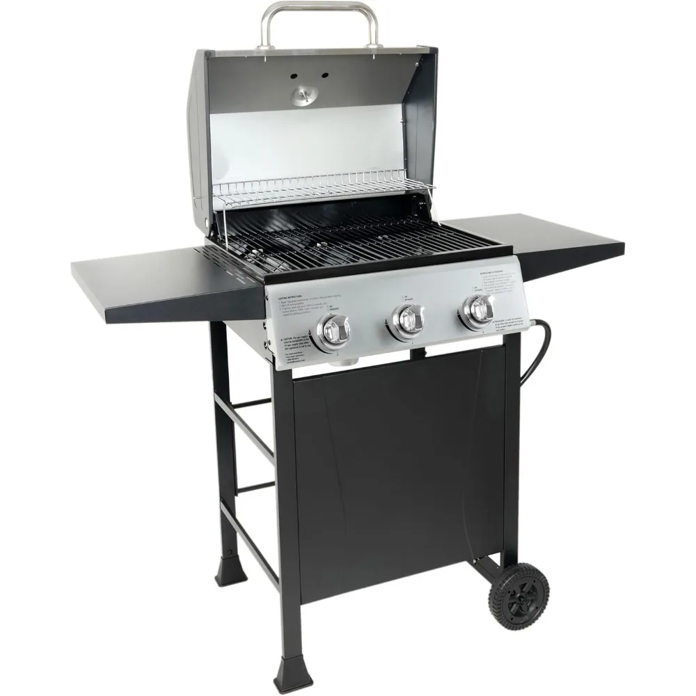 Outdoor BBQ Propane Gas Grill with Side Burner, Lid, Wheels, Shelves, Bottle Opener, and 3 Burners, for Outdoor Barbecue Cooking