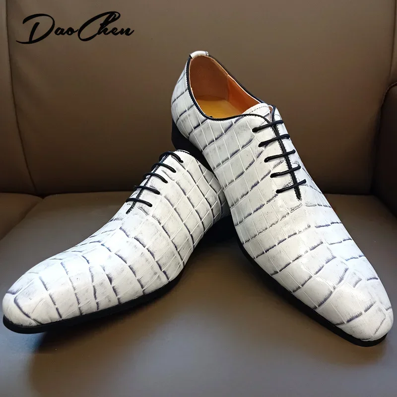 Luxury Brand Men Oxford Shoes Lace-up White Crocodile Print Casual Dress Man Shoes Wedding Office Leather Shoes For Men