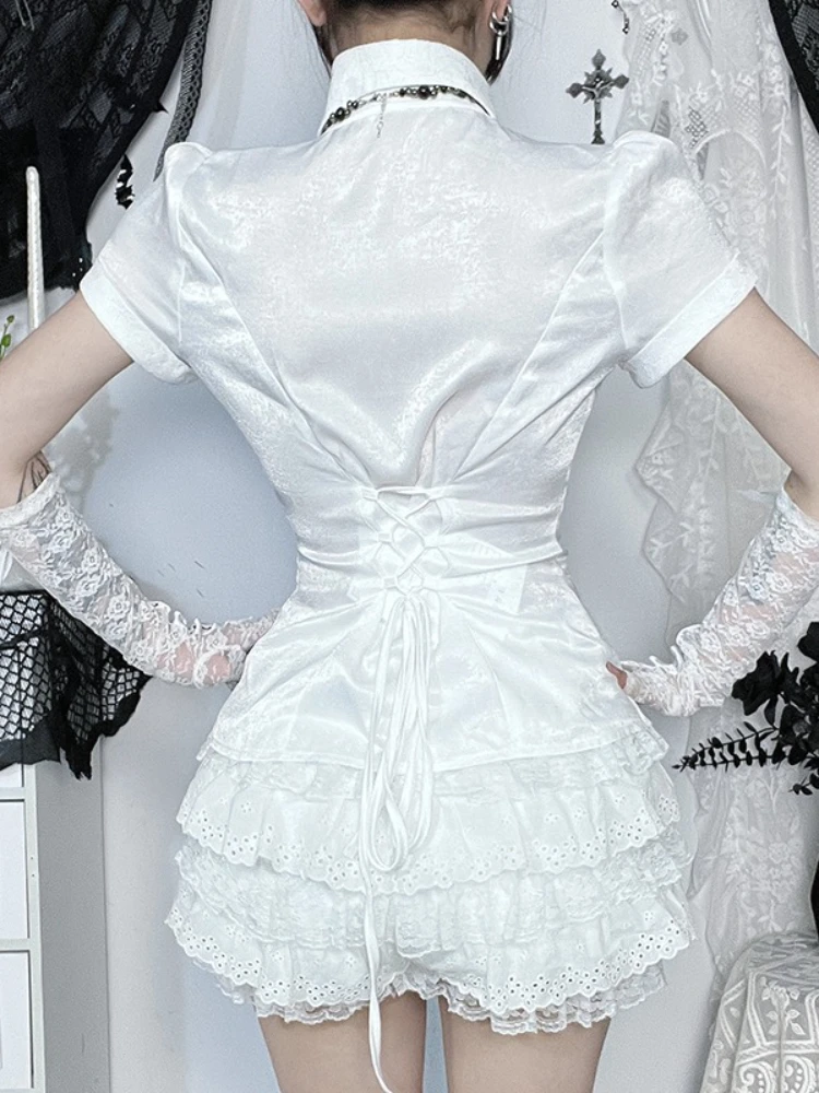 AltGoth Fairycore الجرونج القوطية قميص المرأة الجمالية خمر تأثيري الدانتيل المرقعة بلوزة قصيرة الأكمام Kawaii لوليتا الملابس