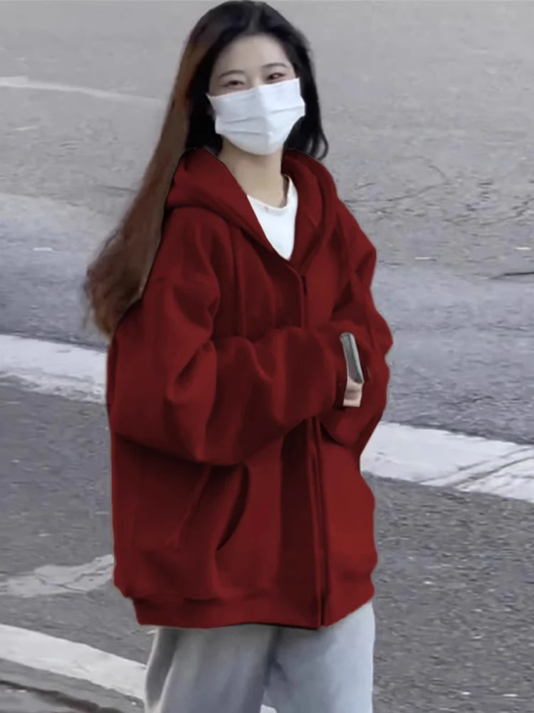 Sweat à capuche surdimensionné rouge vin Jaet femme décontracté coupe ample américain Sle automne hiver nouveauté Streetwear fermeture à glissière
