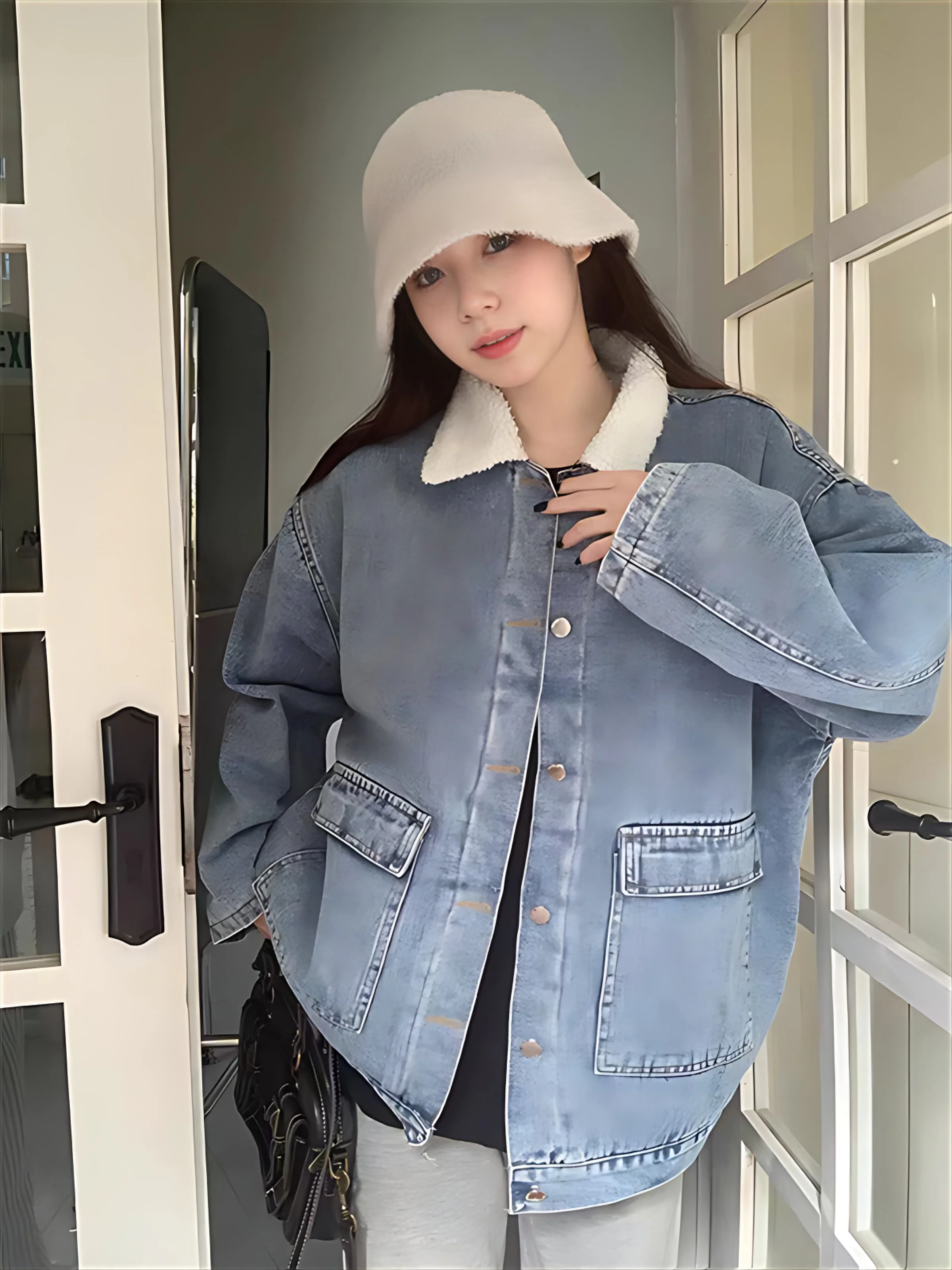 

Denim Coat Buttions Fur Plush Womens Late Autumn Early Winter Stretchy Cropped Grunge Hipster Leisure Patches Embroidered Coffee