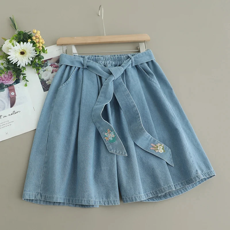 Japanese Harajuku Y2k Floral Embroidery Cute Denim Shorts Women Vintage Casual High Waist Short Wide Leg Jeans Pants